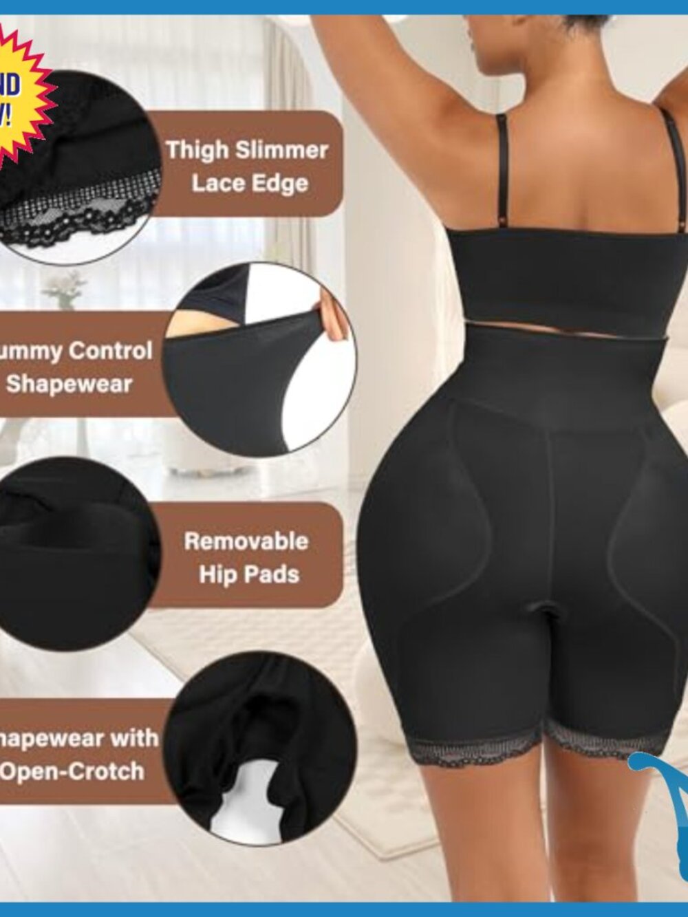 High Waist Shapewear with Removable Hip Pads, Tummy Control, Open Crotch Design - Picture 3 of 7